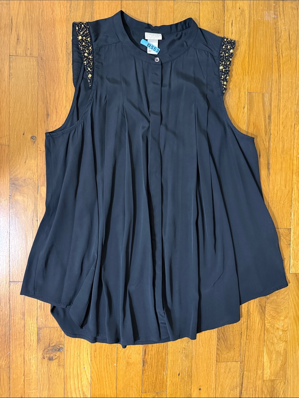 H&M Sleeveless Black Pleated Blouse with Beaded Shoulders